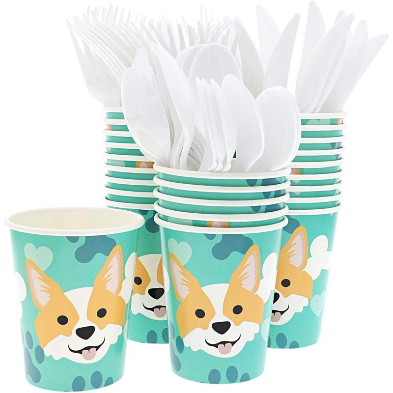 Blue Panda 144 Piece Puppy Dog Party Supplies, Corgi Birthday Decorations with Paper Plates, Napkins, Cups, and Cutlery (Serves 24), 3 of 10