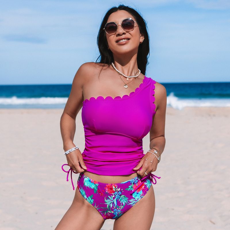 Women's One Shoulder Scalloped Drawstring Tankini Sets Mid Rise Bikini Swimsuit - Cupshe, 3 of 6