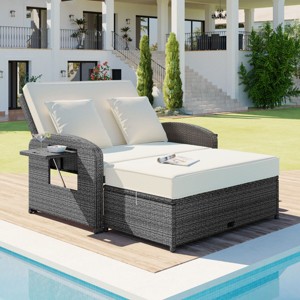 Carrie Rattan Patio Outdoor Daybeds With Cushions,Pillows,Adjustable Backrests For 2-Person,Chaise Lounge Outdoor Chair -Maison Boucle - 1 of 4