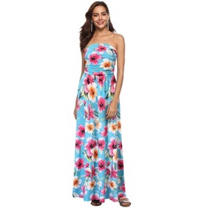 Women Strapless Maxi Boho Vintage Summer Beach Floral Print Hawaiian Party Long Dress - 1 of 4