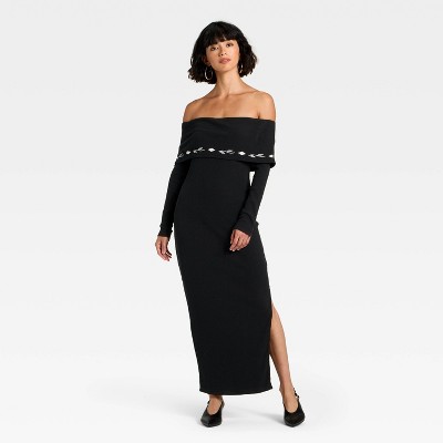 Latino Heritage Month Women's Long Sleeve Off the Shoulder Maxi Bodycon Dress - Black