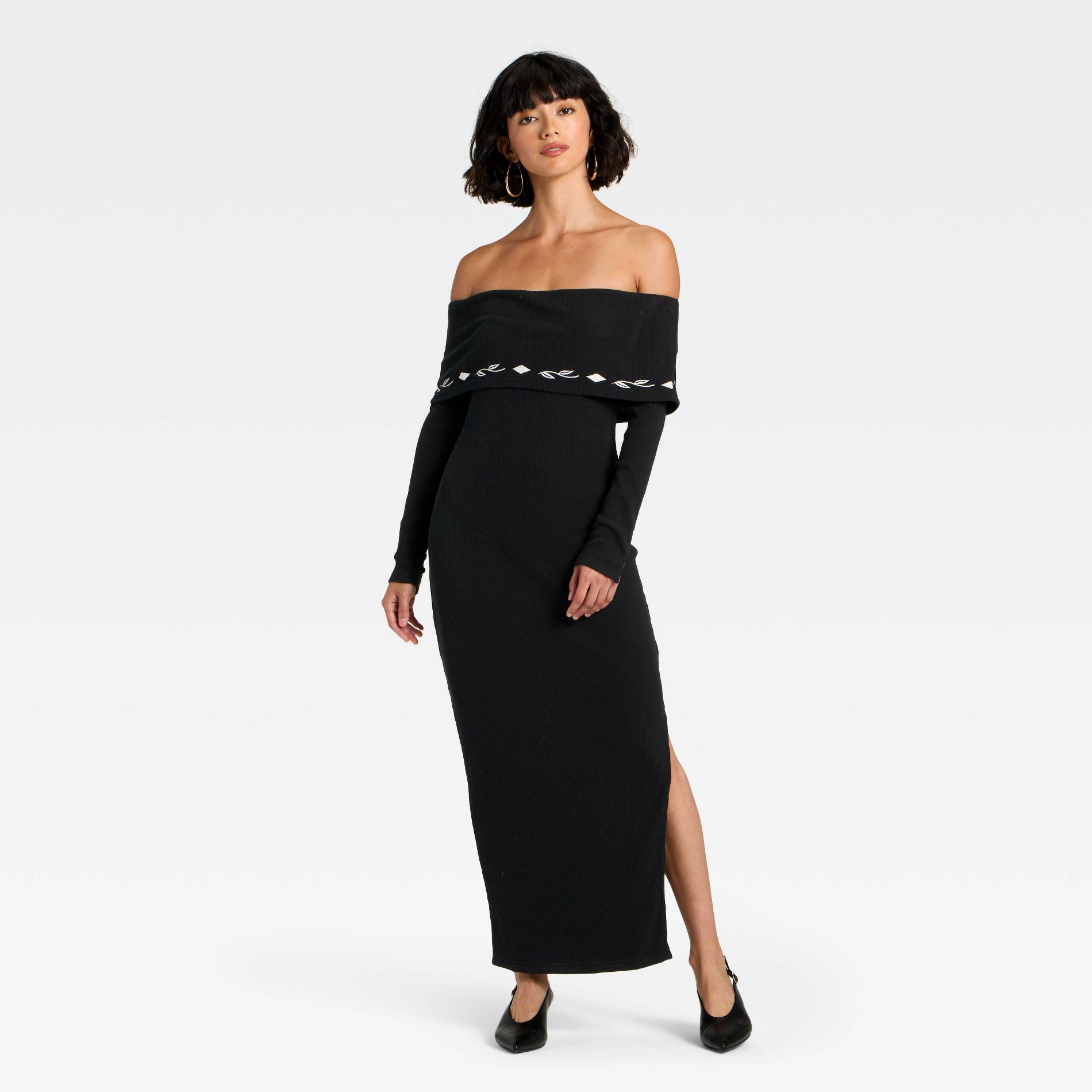 Latino Heritage Month Women's Long Sleeve Off the Shoulder Maxi Bodycon Dress - Black
