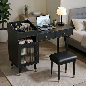 Resenkos Modern Makeup Vanity Desk with Drawers, Cabinet & Charging Port, Space-saving Dressing Table Set with Stool, Black - 1 of 4