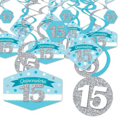 Big Dot of Happiness Quinceanera Teal - Sweet 15 - Birthday Party Hanging Decor - Party Decoration Swirls - Set of 40