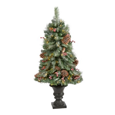 Nearly Natural 4-ft Frosted Pine, Pinecone and Berries Artificial Christmas Tree with 100 Clear LED Lights in Decorative Urn