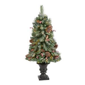 Nearly Natural 4-ft Frosted Pine, Pinecone and Berries Artificial Christmas Tree with 100 Clear LED Lights in Decorative Urn - 1 of 4
