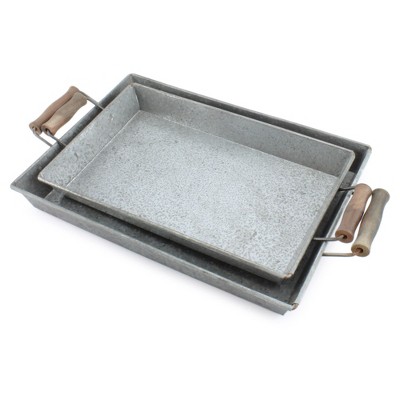 Silver Galvanized Rectangular Trays with Wooden Handles, Set of 2