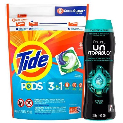 Tide Pods Clean Breeze Laundry Detergent Pacs, Downy Unstopables In-Wash Fresh Scented Booster Beads - Bundle