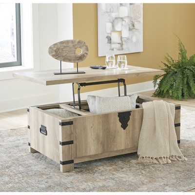 Beige Rectangular Lift-Top Coffee Table with Storage