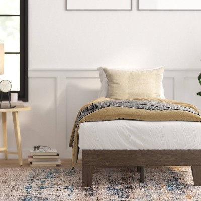 Walnut Twin Wood Platform Bed with Headboard and Drawer