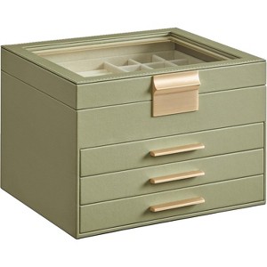 Glass Lid Jewelry Box 3 Layers 2 Drawers Modern White and Gold Finish Storage Organizer Display Case - 1 of 4