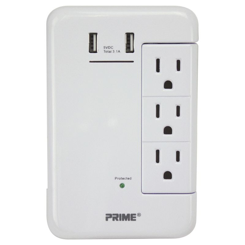 Prime Wire and Cable 6-Outlet Wall Tap with 1,200-Joule Surge Protection and Dual USB Charger, 1 of 5