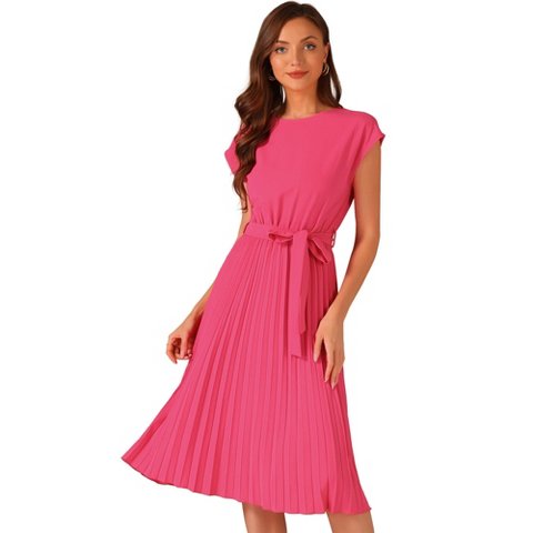 Женские платья INSPIRE CHIC Women's Pleated Crew Neck Cap Sleeve Tie Waist A-Line Dresses Small Hot Pink