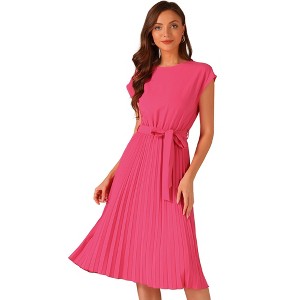 Allegra K Women's Pleated Crew Neck Cap Sleeve Tie Waist A-Line Dresses - 1 of 4