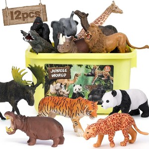 TEMI 12-Piece Safari Animal Figurines Set, Realistic Wild Zoo Toys with Panda, Lion and Elephant for Educational Toddler Play - 1 of 4
