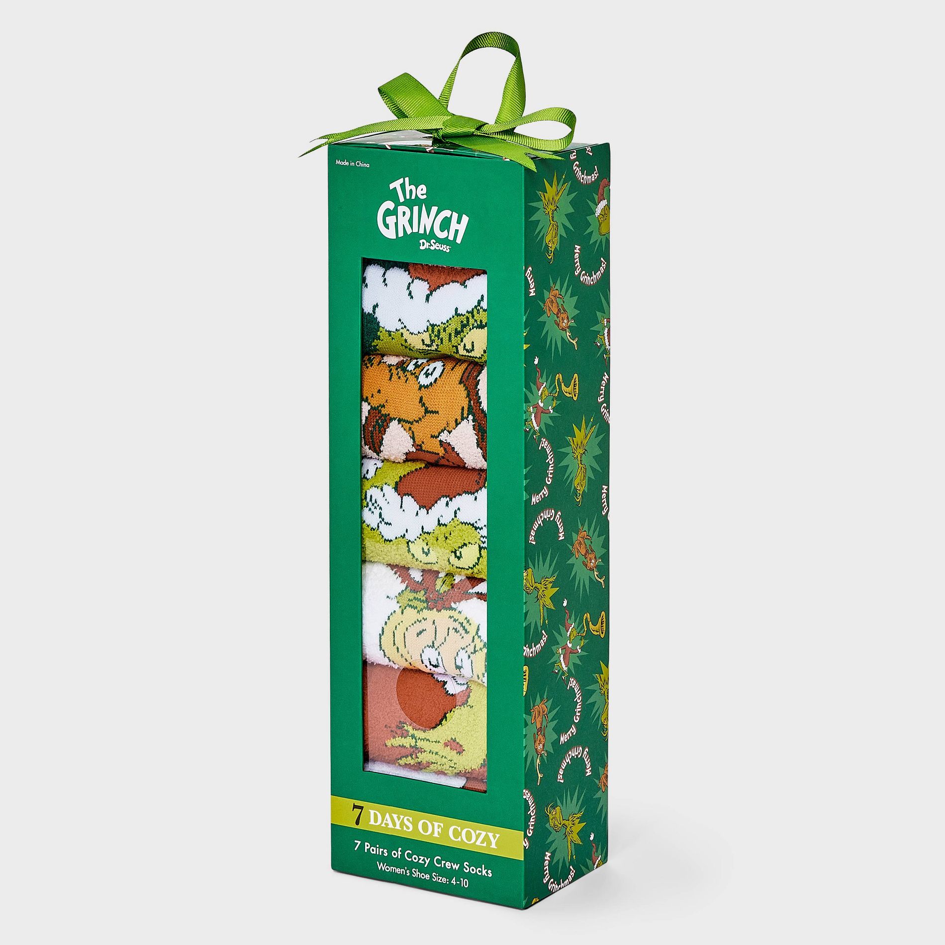 Women's The Grinch 7 Days of Cozy Crew Socks Gift Box - Assorted Color 4-10