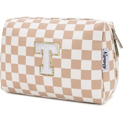 Narwey Birthday Gifts forTeen Girls Personalized Initial Checkered Makeup Bag