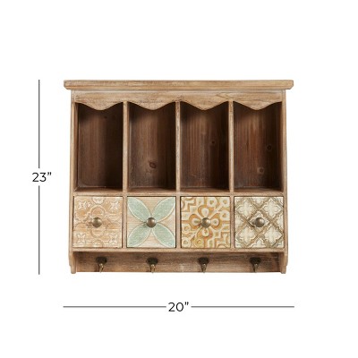 Brown Wooden Wall Shelf with Drawers and Hooks