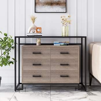 Trinity Modern 6 Drawer Chest, Wood Drawer Dresser with Steel Frame and Tempered Glass Top