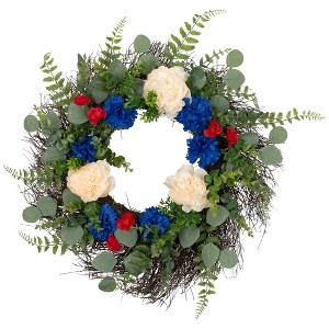 Northlight Americana Mixed Foliage and Florals Artificial Patriotic Wreath - 24"- Unlit - 1 of 4