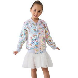 2Bunnies Girls' Unicorn Rainbow Sequin Bomber Jacket - 1 of 4