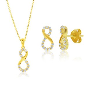 Bella Silver Sterling Silver, Polished & CZ Infinity Necklace & Earrings Set - Gold Plated - Gold - 16+2 Inch - 1 of 4