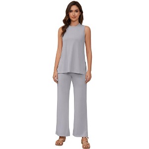 Lounge Sets for Women 2 Piece Pajamas Sets Crew Neck Ribbed Kint Side Slit Tank Tops With Pant - 1 of 4