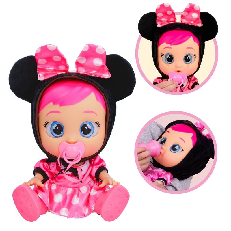 Cry Babies Disney Nurturing Baby Doll Inspired by Minnie Mouse, Dressed Up in The Iconic Pink Dress and Cries Real Tears with Pink Hair, 3 of 9