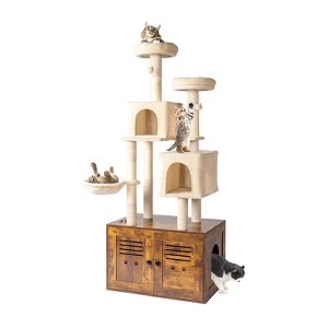 VINGLI Cat Tree with Litter Box, Cat Tower for Indoor Kittens, All-in-1 Wooden Cats Condo, Hidden Cat Washroom Furniture (70 inch) - 1 of 4