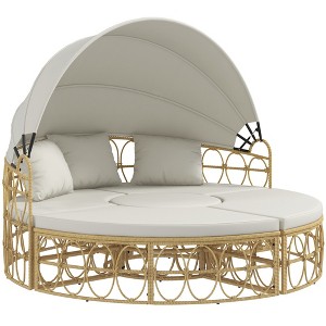 Outsunny 4 Piece Round Outdoor Daybed with Canopy, Cushioned PE Rattan Patio Furniture Set, Cream White - 1 of 4