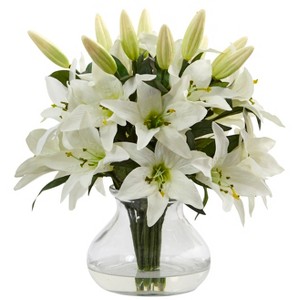 Nearly Natural 13.5-in Lily Artificial Arrangement with Glass Vase - 1 of 1