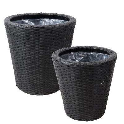 Sunnydaze Round Indoor Polyrattan Planters with Attached Clear Polypropylene Liner 14.5" Diameter x 15" H and 11.75" Diameter x 12" H - Black 2-Piece