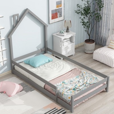 Twin Size House-Shaped Headboard Floor Bed with Fences, Bed for Kids,House Bed Twin Frame for Girls,Boys
