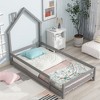 Pine Wood Floor Bed Frame With House Shaped Headboard Full-Length Guardrails Twin Size For Toddler Kids Girls Boys - 3 of 4