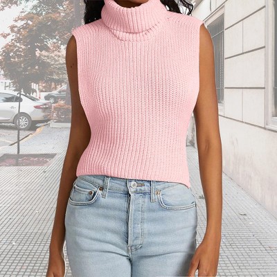 Women's Turtleneck Sleeveless Pullover Sweater Knit Tank Tops,Light Pink - S