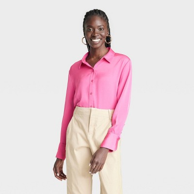 Women's Long Sleeve Oversized Satin Button-Down Shirt – A New Day Pink M –  CDE