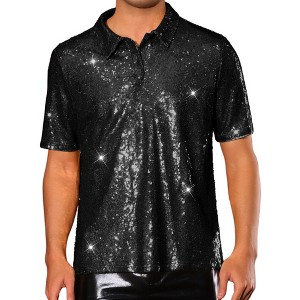 Lars Amadeus Men's Short Sleeve Sparkle Glitter Prom 70s Disco Nightclub Party Sequin Polo Shirts - 1 of 4