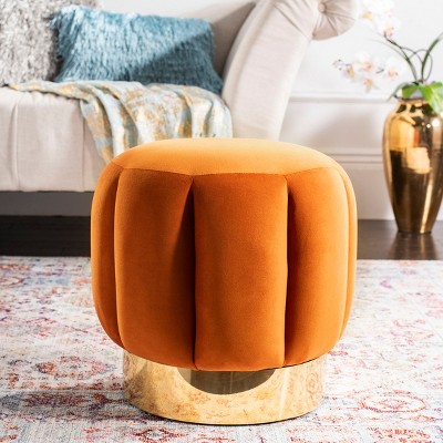 Maxine 19'' Orange Velvet Round Tufted Ottoman with Gold Base