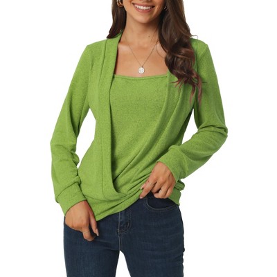 Seta T Women's Casual Fake Two-Piece Square Neck Long Sleeve Knit Blouse