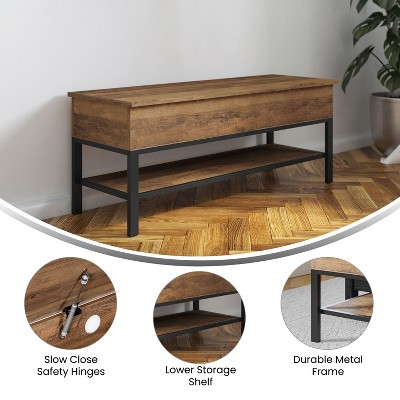 Rustic Oak Farmhouse Storage Bench with Metal Legs