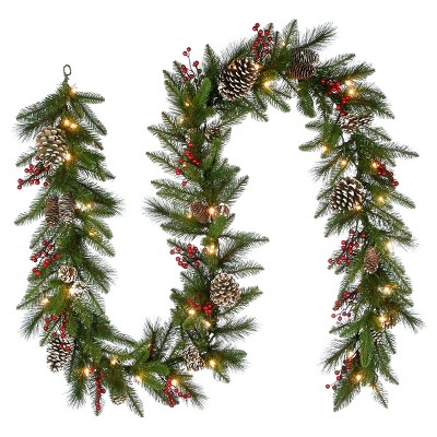National Tree Company Pre-Lit Artificial Christmas Garland, Green, Snowy Green, White Lights, With Pine Cones, Berry Clusters, Plug In,6 Feet