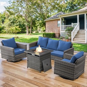 Buenhomino Patio Furniture with Fire Pit 4-Piece Wicker Outdoor Sectional Couch with Swivel Rocking Chairs, Propane Fire Pit Conversation Set - 1 of 4