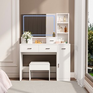 DOMETOUR White Dressing Table with LED Mirror, Power Outlet, Drawers, Storage Box, Shelf & Cushioned Stool - 1 of 4
