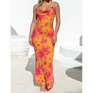 Women's Backless Bodycon Dress Adjustable Straps Floral Print Maxi Dress - 1 of 4