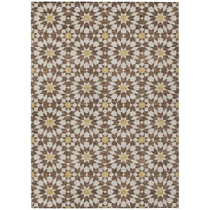 Chocolate Ivory And Gold Floral Medallion Washable Indoor Outdoor Area Rug - 1 of 4