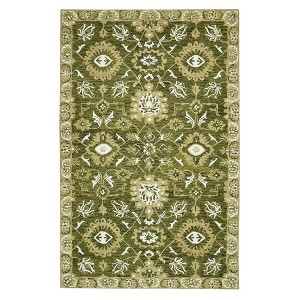Olive Green Ivory And Light Brown Wool Floral Medallion Hand Hooked Area Rug - 1 of 4