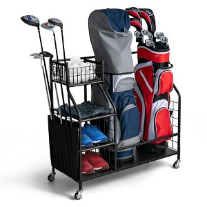 Costway Extra Large Golf Bag Storage Rack for Garage Fits 2 Golf Bags Organizer withWheels - 1 of 4