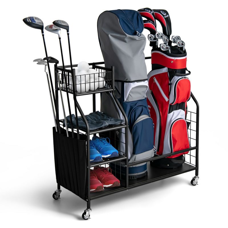 Costway Extra Large Golf Bag Storage Rack for Garage Fits 2 Golf Bags Organizer withWheels, 1 of 11