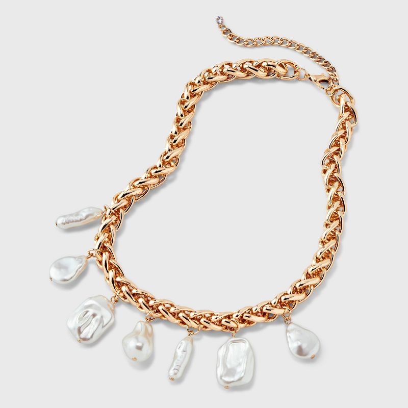 Braided Pearl Drop Chain Necklace - A New Day&#8482; Gold/White, 4 of 8