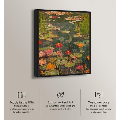 Colorful Impressionist Water Lilies Canvas Print with Black Frame